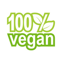 100% vegan label concept with raw green leaves, vector illustration