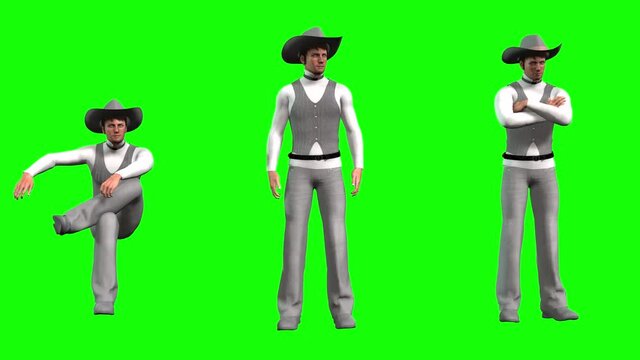 3d Animation showing the same avatar man dressed in a cowboy hat shown in three poses, sitting, standing idle and talking.