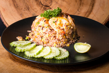 A dish of cooked fried rice with shrimp