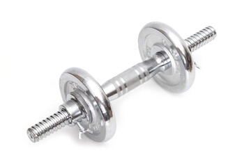 Silver dumbbells on white background