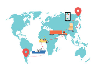 World map with cargo delivery route - global logistics service poster
