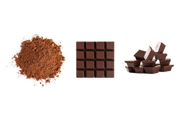 Chocolate pieces with cocoa powder and bar  isolated on white background.