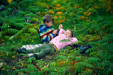 Happy children on an autumn walk in the forest . Brother and sister spend their free time outdoors