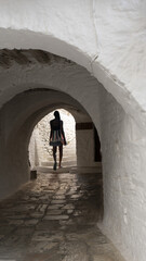 Fototapeta premium Dark-skinned young attractive woman in backlight at the exit in the arch
