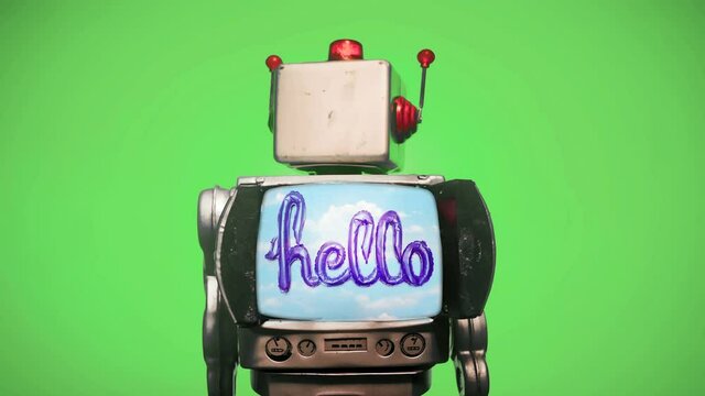 a retro robot with a spinning head and a Hello TV 