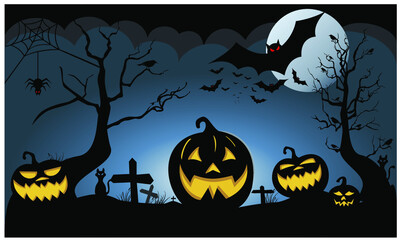 Halloween pumpkin, bat, cross, cat, black, crow and darkness on blue moon background dark sky vector illustration