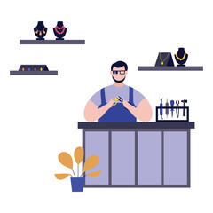 Jeweler during the evaluation of jewels flat vector illustration isolated.