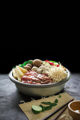 Japanese Sukiyaki in traditional Cast Iron Pot. Chabu sukiyaki, Japanese food.