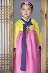 little girl in korean traditional clothing, hanbok
