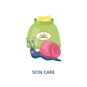 Cosmetic skin care cream banner with cartoon snail vector illustration isolated.