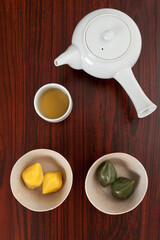 korean food, rice cake and tea
