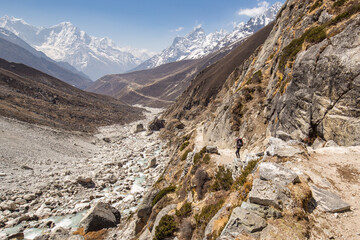 A female trekker is going down the valley in the Himalayas. Snow-capped peaks are in the background. Bright blue sky with a few white clouds.