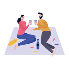 Fototapeta premium Cartoon couple on picnic blanket drinking wine - people in love