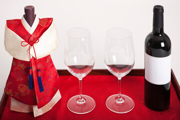 wine bottle and glasses korea traditional wine packaging