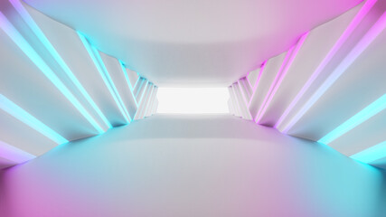 Futuristic Tunnel Empty. Illuminated corridor interior design, Neon Glowing Lights, 3D Rendering...