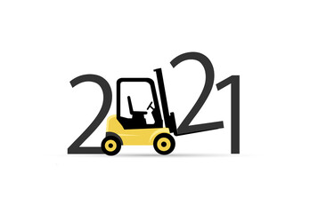 Happy new year 2021. 2021 with yellow forklift
