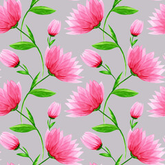 Pink flowers watercolor hand drawn seamless pattern