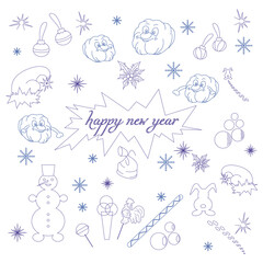 New year s Christmas drawings. Snowflakes. Christmas balls, toys. Template. set.