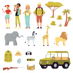 People on Safari Tour set with animals, flat vector illustration isolated.
