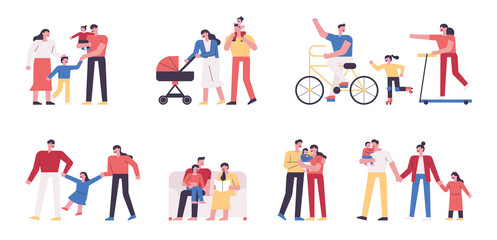 Various happy moments of the family. flat design style minimal vector illustration.