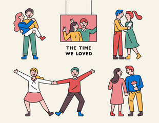 Happy moments for couples. flat design style minimal vector illustration.