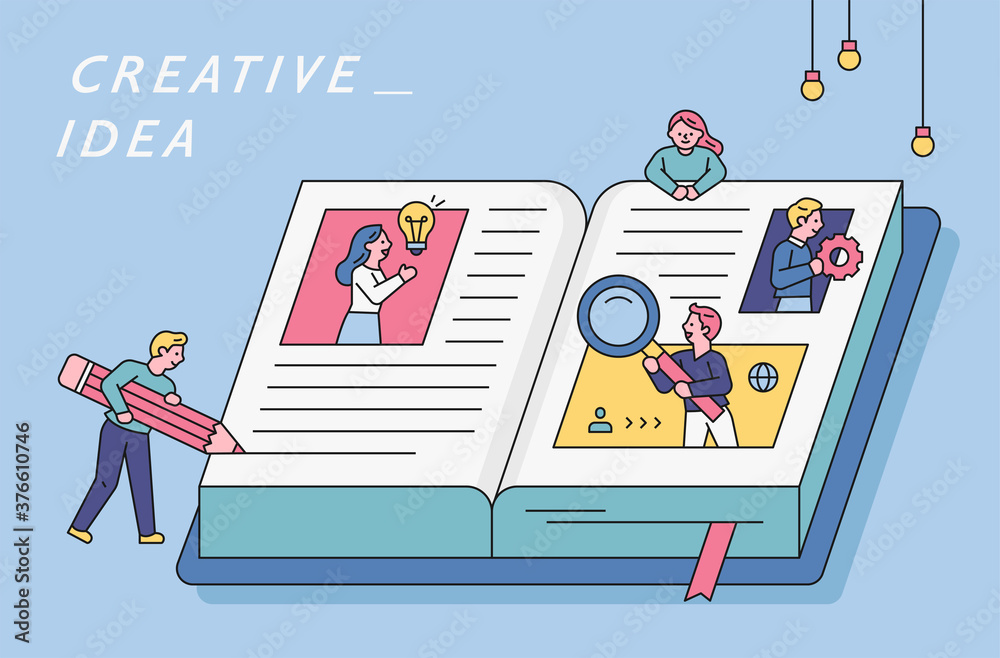 Poster there is a large book open and people are looking for knowledge in it. flat design style minimal vec