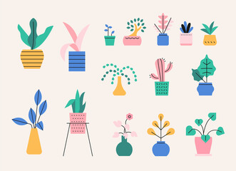 Various plant pots in pastel colors. flat design style minimal vector illustration.