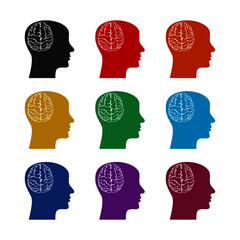 Brain and human head icon, color set