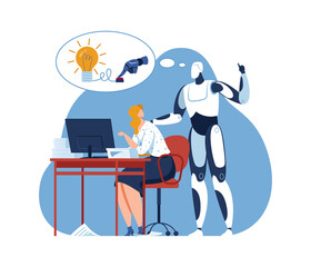 Business ai robot flat machine make idea, vector illustration. Human and artificial intelligence innovation character at creative cartoon work. Robotic creativity automation technology help.