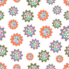 Colored gears seamless pattern. Vector drawing of factory gear wheels.
