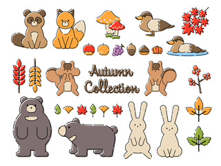 秋　動物　イラスト　セット　手描き