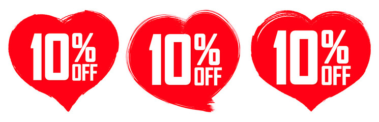 Set Sale 10% off banners, discount tags design template, extra promo, brush grunge, vector illustration