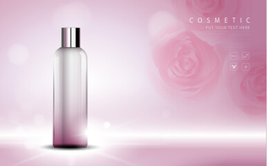 cosmetic product poster, bottle package design with moisturizer cream or liquid, sparkling background with glitter polka, vector design.