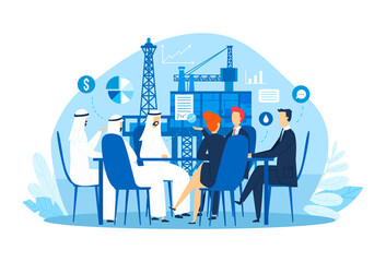 Arab oil business, businessman conference vector illustration. Corporate company and success manager character discussion. Brainstorming seminar with flat partner, collaboration concept.