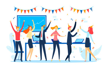 Fototapeta na wymiar Office corporate party, cartoon happy business team character, vector illustration. Flat group celebration, company people work at holiday. Woman man fun celebrating with confetti.