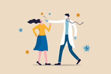 COVID-19 test, Coronavirus sampling by taking nasal from mouth or nose and diagnose the virus concept, doctor or medical staff using COVID-19 test with woman patient around with Coronavirus pathogen.