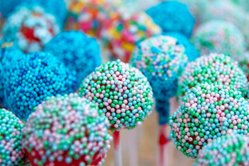Fototapeta na wymiar Colorful round lollipops on sticks. Close-up, selective focus