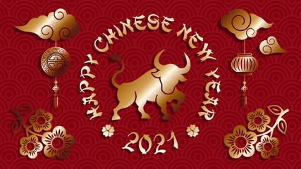 Chinese new year 2021 year of the ox background, red and gold paper cut ox character, flower and asian elements with craft style on background