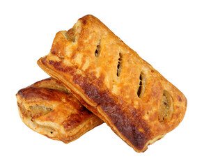 Puff pastry pork meat sausage rolls isolated on a white background