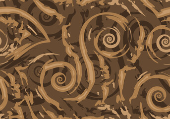 Fototapeta na wymiar Stock Seamless vector pattern of brown torn lines and spirals on a dark background.Texture for wrapping or decorating fabrics.
