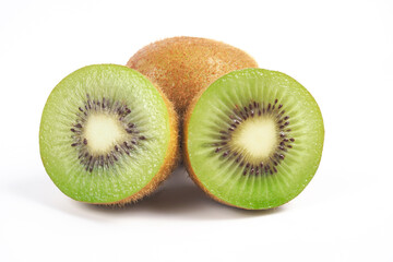 Slice of kiwi fruit and fresh kiwi on white background