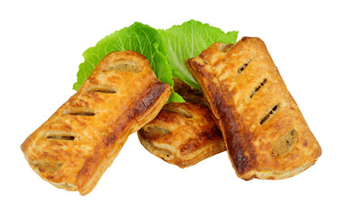 Puff pastry pork meat sausage rolls isolated on a white background