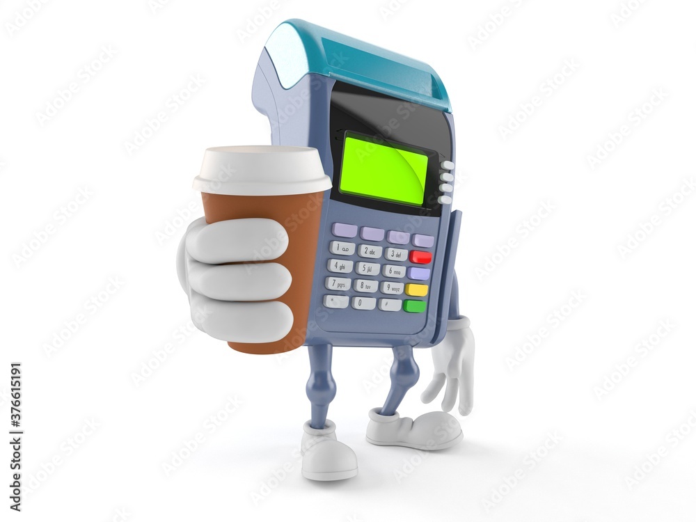 Poster Credit card reader character holding coffee cup