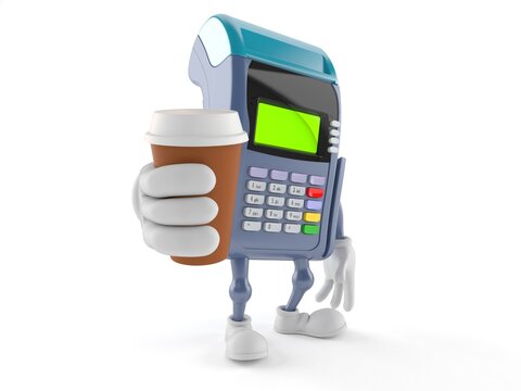 Credit card reader character holding coffee cup