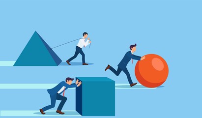 Winning strategy business concept. Competition. Enterprising businessman pushes sphere. Behind are pushing heavy load. Direction to victory. Effective achievement. - obrazy, fototapety, plakaty