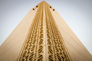 Islamic Mosque Minaret tower, Modern design with sunrise background.