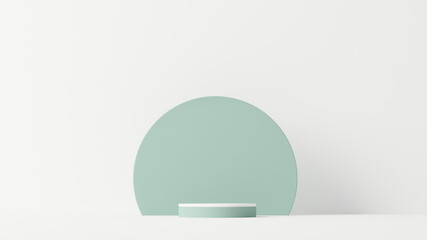 Minimal scene with podium and abstract background. Pastel blue and green colors scene. Trendy 3d render for social media banners, promotion, cosmetic product show. Geometric shapes interior.	
