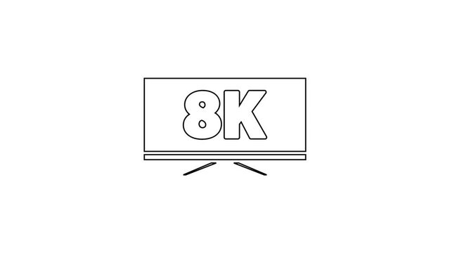 Black line Screen tv with 8k Ultra HD video technology icon isolated on white background. 4K Video motion graphic animation.