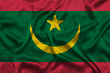 Mauritania national flag background with fabric texture. Flag of Mauritania waving in the wind. Natural proportions. 3D illustration.