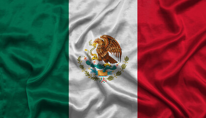 Mexico national flag background with fabric texture. Mexican flag waving in the wind. Natural proportions. 3D illustration.